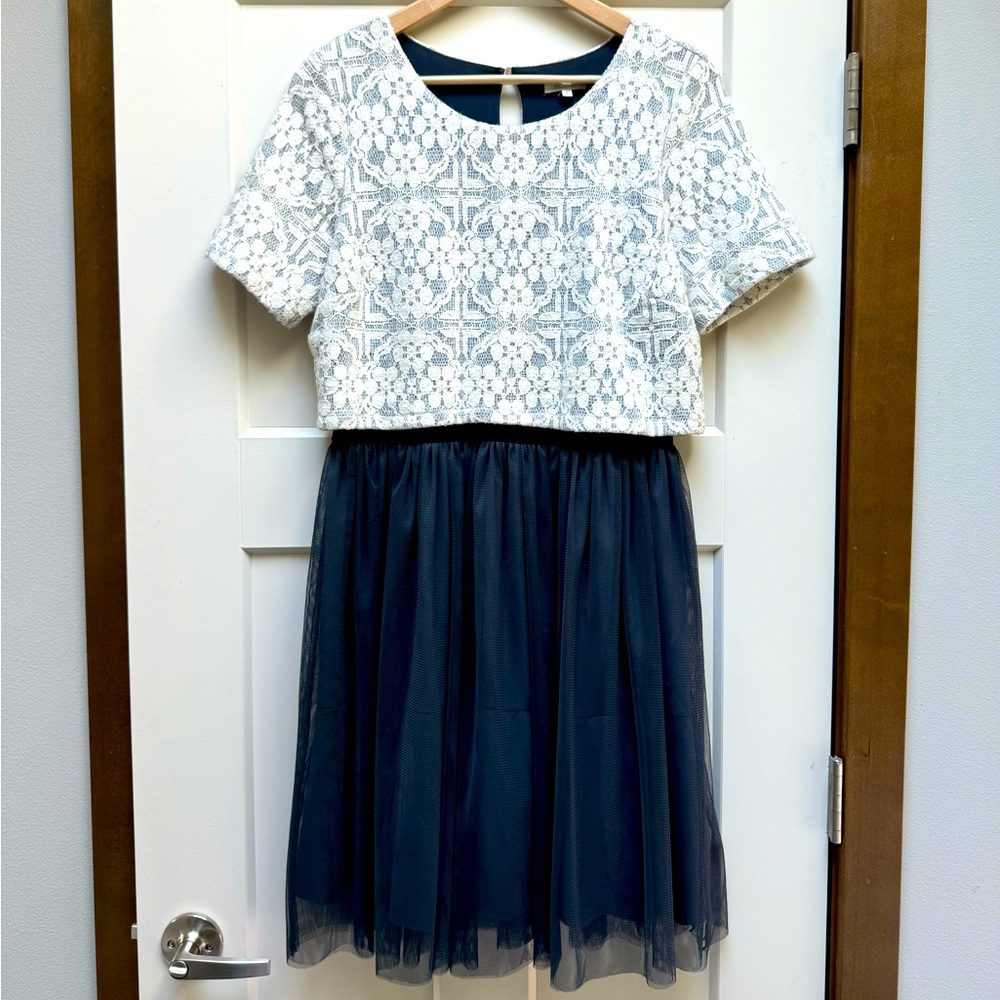 EUC Anthropologie Dress Cream Lace & Deep Blue Gray Tulle with Lining Medium